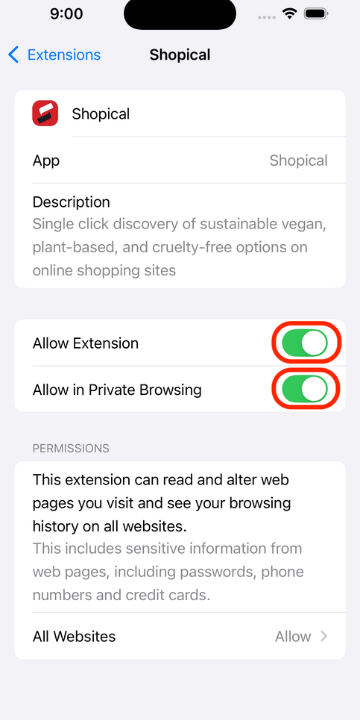 Select "Allow Extension" and "Allow in Private Browsing" for Shopical extension
