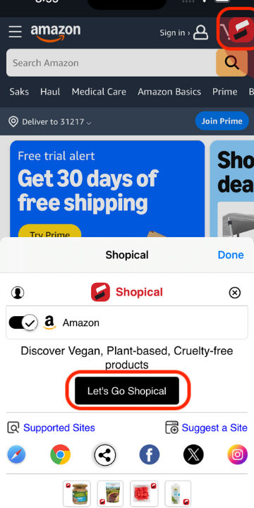 Select Shopical icon on top right to open plug-in and click on "Let's Go Shopical"